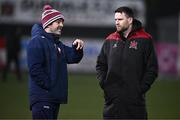 7 March 2025; Treaty United manager Tommy Barrett, left, in conversation with Dundalk manager Ciaran Kilduff before the SSE Airtricity Men's Premier Division match between Dundalk and Treaty United at Oriel Park in Dundalk, Louth. Photo by Ben McShane/Sportsfile