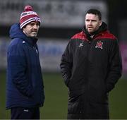 7 March 2025; Treaty United manager Tommy Barrett, left, in conversation with Dundalk manager Ciaran Kilduff before the SSE Airtricity Men's Premier Division match between Dundalk and Treaty United at Oriel Park in Dundalk, Louth. Photo by Ben McShane/Sportsfile