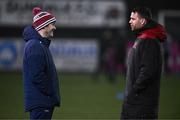 7 March 2025; Treaty United manager Tommy Barrett, left, in conversation with Dundalk manager Ciaran Kilduff before the SSE Airtricity Men's Premier Division match between Dundalk and Treaty United at Oriel Park in Dundalk, Louth. Photo by Ben McShane/Sportsfile