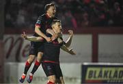 7 March 2025; Warren Davis of Drogheda United, right, celebrates with teammate Darragh Markey after scoring their side's first goal during the SSE Airtricity Men's Premier Division match between Shelbourne and Drogheda United at Tolka Park in Dublin. Photo by Seb Daly/Sportsfile