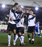7 March 2025; Dean Ebbe of Dundalk celebrates with teammate Keith Ward, right, after scoring their side's first goal during the SSE Airtricity Men's Premier Division match between Dundalk and Treaty United at Oriel Park in Dundalk, Louth. Photo by Ben McShane/Sportsfile