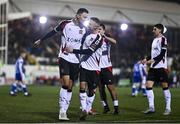 7 March 2025; Dean Ebbe of Dundalk celebrates with teammate Keith Ward, right, after scoring their side's first goal during the SSE Airtricity Men's Premier Division match between Dundalk and Treaty United at Oriel Park in Dundalk, Louth. Photo by Ben McShane/Sportsfile