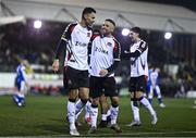 7 March 2025; Dean Ebbe of Dundalk celebrates with teammate Keith Ward, right, after scoring their side's first goal during the SSE Airtricity Men's Premier Division match between Dundalk and Treaty United at Oriel Park in Dundalk, Louth. Photo by Ben McShane/Sportsfile