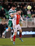 7 March 2025; Aidan Keena of St Patrick's Athletic in action against Josh Honohan of Shamrock Rovers during the SSE Airtricity Men's Premier Division match between Shamrock Rovers and St Patrick's Athletic at Tallaght Stadium in Dublin. Photo by Thomas Flinkow/Sportsfile