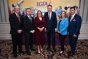 7 March 2025; In attendance during day one of the LGFA Annual Congress, held in Clanree Hotel in Letterkenny, Donegal, are from left to right, Uachtarán Chumann Lúthchleas Gael Jarlath Burns; Camogie Association president Brian Molloy; Incoming LGFA President Trina Murray; Minister of State at the Department of Tourism, Culture, Arts, Gaeltacht, Sport and Media Charlie McConalogue TD; LGFA Chief Executive Officer Helen O'Rourke; and Outgoing LGFA President Mícheál Naughton. Photo by Ramsey Cardy/Sportsfile