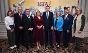 7 March 2025; In attendance during day one of the LGFA Annual Congress, held in Clanree Hotel in Letterkenny, Donegal, are from left to right, Donegal LGFA Chairperson Joanne McKinney; Uachtarán Chumann Lúthchleas Gael Jarlath Burns; Camogie Association president Brian Molloy; Incoming LGFA President Trina Murray; Minister of State at the Department of Tourism, Culture, Arts, Gaeltacht, Sport and Media Charlie McConalogue TD; LGFA Chief Executive Officer Helen O'Rourke; Outgoing LGFA President Mícheál Naughton; and Donegal GAA Chairperson Mary Coughlan. Photo by Ramsey Cardy/Sportsfile