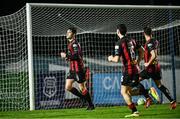 7 March 2025; Colm Whelan of Bohemians, 9, celebrates with team-mates after scoring their side's third goal, for his hat-trick, during the SSE Airtricity Men's Premier Division match between Waterford and Bohemians at the Regional Sports Centre in Waterford. Photo by Piaras Ó Mídheach/Sportsfile
