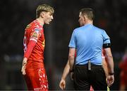 7 March 2025; Sean Boyd of Shelbourne remonstrates with referee Damien MacGraith during the SSE Airtricity Men's Premier Division match between Shelbourne and Drogheda United at Tolka Park in Dublin. Photo by Seb Daly/Sportsfile