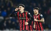 7 March 2025; Dawson Devoy of Bohemians gestures to team-mates after Colm Whelan, not pictured, scored their side's second goal, from a penalty, during the SSE Airtricity Men's Premier Division match between Waterford and Bohemians at the Regional Sports Centre in Waterford. Photo by Piaras Ó Mídheach/Sportsfile