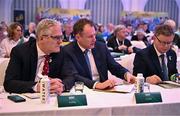 7 March 2025; Uachtarán Chumann Lúthchleas Gael Jarlath Burns, left, and Minister of State at the Department of Tourism, Culture, Arts, Gaeltacht, Sport and Media Charlie McConalogue TD, during day one of the LGFA Annual Congress at Clanree Hotel in Letterkenny, Donegal. Photo by Ramsey Cardy/Sportsfile