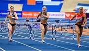 7 March 2025; Sarah Lavin of Ireland, centre, on her way to finishing fourth in the women's 60m hurdles final during day two of the European Athletics Indoor Championships 2025 at the Omnisport Apeldoorn in Apeldoorn, Netherlands. Photo by Sam Barnes/Sportsfile