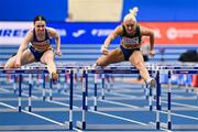 7 March 2025; Sarah Lavin of Ireland, right, on her way to finishing fourth in the women's 60m hurdles final during day two of the European Athletics Indoor Championships 2025 at the Omnisport Apeldoorn in Apeldoorn, Netherlands. Photo by Sam Barnes/Sportsfile