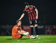 7 March 2025; Jordan Flores of Bohemians checks on his goalkeeper James Talbot during the SSE Airtricity Men's Premier Division match between Waterford and Bohemians at the Regional Sports Centre in Waterford. Photo by Piaras Ó Mídheach/Sportsfile