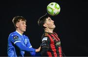 7 March 2025; Dawson Devoy of Bohemians in action against Conan Noonan of Waterford during the SSE Airtricity Men's Premier Division match between Waterford and Bohemians at the Regional Sports Centre in Waterford. Photo by Piaras Ó Mídheach/Sportsfile