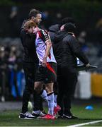 7 March 2025; Norman Garbett of Dundalk is consoled by Dundalk manager Ciaran Kilduff after he is substituted off due to injury, 10 minutes after coming on to the pitch, during the SSE Airtricity Men's Premier Division match between Dundalk and Treaty United at Oriel Park in Dundalk, Louth. Photo by Ben McShane/Sportsfile