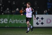 7 March 2025; Aodh Dervin of Dundalk celebrates after scoring his side's second goal during the SSE Airtricity Men's Premier Division match between Dundalk and Treaty United at Oriel Park in Dundalk, Louth. Photo by Ben McShane/Sportsfile