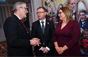 7 March 2025; Incoming LGFA President Trina Murray, left, in conversation with Uachtarán Chumann Lúthchleas Gael Jarlath Burns, left, and Camogie Association president Brian Molloy during day one of the LGFA Annual Congress at Clanree Hotel in Letterkenny, Donegal. Photo by Ramsey Cardy/Sportsfile