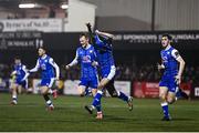 7 March 2025; Lee Devitt of Treaty United, centre, celebrates with teammates after scoring their side's second goal during the SSE Airtricity Men's Premier Division match between Dundalk and Treaty United at Oriel Park in Dundalk, Louth. Photo by Ben McShane/Sportsfile