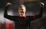 7 March 2025; Shane Farrell of Drogheda United celebrates after his side's victory in the SSE Airtricity Men's Premier Division match between Shelbourne and Drogheda United at Tolka Park in Dublin. Photo by Seb Daly/Sportsfile