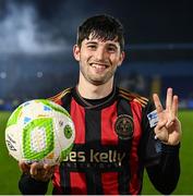 7 March 2025; Colm Whelan of Bohemians with the matchball after scoring a hat-trick in his side's victory in the SSE Airtricity Men's Premier Division match between Waterford and Bohemians at the Regional Sports Centre in Waterford. Photo by Piaras Ó Mídheach/Sportsfile