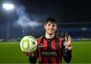 7 March 2025; Colm Whelan of Bohemians with the matchball after scoring a hat-trick in his side's victory in the SSE Airtricity Men's Premier Division match between Waterford and Bohemians at the Regional Sports Centre in Waterford. Photo by Piaras Ó Mídheach/Sportsfile