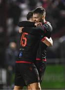 7 March 2025; Drogheda United players Frank George Cooper, left, and Conor Keeley celebrate after their side's victory in the SSE Airtricity Men's Premier Division match between Shelbourne and Drogheda United at Tolka Park in Dublin. Photo by Seb Daly/Sportsfile