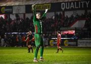 7 March 2025; Drogheda United goalkeeper Luke Dennison celebrates after his side's victory in the SSE Airtricity Men's Premier Division match between Shelbourne and Drogheda United at Tolka Park in Dublin. Photo by Seb Daly/Sportsfile