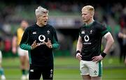 8 March 2025; Ireland interim head coach Simon Easterby, left, and Jamie Osborne of Ireland before the Guinness Six Nations Rugby Championship match between Ireland and France at the Aviva Stadium in Dublin. Photo by Seb Daly/Sportsfile