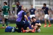 8 March 2025; Antoine Dupont of France receives medical attention during the Guinness Six Nations Rugby Championship match between Ireland and France at the Aviva Stadium in Dublin. Photo by David Fitzgerald/Sportsfile