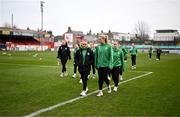 8 March 2025; Shamrock Rovers players, including Emily Corbet, right, and Fiona Owens before the SSE Airtricity Women's Premier Division match between Shelbourne and Shamrock Rovers at Tolka Park in Dublin. Photo by Stephen McCarthy/Sportsfile