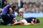 8 March 2025; Antoine Dupont of France reacts as he receives medical attention during the Guinness Six Nations Rugby Championship match between Ireland and France at the Aviva Stadium in Dublin. Photo by David Fitzgerald/Sportsfile