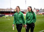 8 March 2025; Melissa O'Kane, right, and Scarlett Herron of Shamrock Rovers before the SSE Airtricity Women's Premier Division match between Shelbourne and Shamrock Rovers at Tolka Park in Dublin. Photo by Stephen McCarthy/Sportsfile