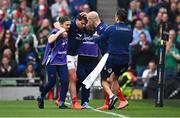 8 March 2025; Antoine Dupont of France is assisted from the pitch after sustaining an injury during the Guinness Six Nations Rugby Championship match between Ireland and France at the Aviva Stadium in Dublin. Photo by Seb Daly/Sportsfile