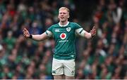 8 March 2025; Jamie Osborne of Ireland reacts during the Guinness Six Nations Rugby Championship match between Ireland and France at the Aviva Stadium in Dublin. Photo by Seb Daly/Sportsfile