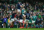 8 March 2025; Thibaud Flament of France and Calvin Nash of Ireland contest the kick-off of the second half during the Guinness Six Nations Rugby Championship match between Ireland and France at the Aviva Stadium in Dublin. Photo by Brendan Moran/Sportsfile