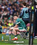 8 March 2025; Calvin Nash of Ireland reacts in the sin-bin as a possible red card is under a bunker review during the Guinness Six Nations Rugby Championship match between Ireland and France at the Aviva Stadium in Dublin. Photo by Seb Daly/Sportsfile