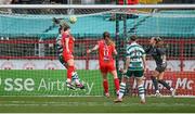 8 March 2025; Kate Mooney of Shelbourne heads her side's first goal during the SSE Airtricity Women's Premier Division match between Shelbourne and Shamrock Rovers at Tolka Park in Dublin. Photo by Stephen McCarthy/Sportsfile