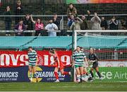 8 March 2025; Kate Mooney of Shelbourne celebrates after scoring her side's first goal during the SSE Airtricity Women's Premier Division match between Shelbourne and Shamrock Rovers at Tolka Park in Dublin. Photo by Stephen McCarthy/Sportsfile
