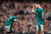 8 March 2025; Robbie Henshaw of Ireland reacts during the Guinness Six Nations Rugby Championship match between Ireland and France at the Aviva Stadium in Dublin. Photo by Seb Daly/Sportsfile