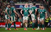 8 March 2025; Jamie Osborne of Ireland, centre, reacts after the Guinness Six Nations Rugby Championship match between Ireland and France at the Aviva Stadium in Dublin. Photo by Seb Daly/Sportsfile