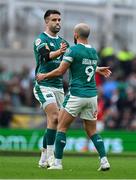 8 March 2025; Conor Murray of Ireland is substituted on for teammate Jamison Gibson-Park, 9, during the Guinness Six Nations Rugby Championship match between Ireland and France at the Aviva Stadium in Dublin. Photo by Brendan Moran/Sportsfile