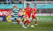 8 March 2025; Emily Corbet of Shamrock Rovers in action against Roma McLaughlin of Shelbourne during the SSE Airtricity Women's Premier Division match between Shelbourne and Shamrock Rovers at Tolka Park in Dublin. Photo by Stephen McCarthy/Sportsfile