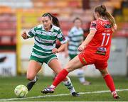 8 March 2025; Melissa O'Kane of Shamrock Rovers in action against Aoibheann Clancy of Shelbourne during the SSE Airtricity Women's Premier Division match between Shelbourne and Shamrock Rovers at Tolka Park in Dublin. Photo by Stephen McCarthy/Sportsfile