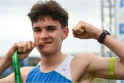 8 March 2025; Noah Harris of ETSS Wicklow celebrates with his gold medal after winning the Senior Boys 6,000m during the 123.ie All Ireland Schools Cross Country Championships at Galway Racecourse in Ballybrit, Galway. Photo by Tom Beary/Sportsfile