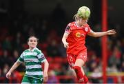8 March 2025; Kate Mooney of Shelbourne in action against Aoife Brophy of Shamrock Rovers during the SSE Airtricity Women's Premier Division match between Shelbourne and Shamrock Rovers at Tolka Park in Dublin. Photo by Stephen McCarthy/Sportsfile