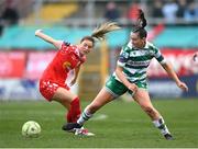 8 March 2025; Melissa O'Kane of Shamrock Rovers in action against Kate Mooney of Shelbourne during the SSE Airtricity Women's Premier Division match between Shelbourne and Shamrock Rovers at Tolka Park in Dublin. Photo by Stephen McCarthy/Sportsfile