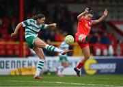 8 March 2025; Maria Reynolds of Shamrock Rovers in action against Jemma Quinn of Shelbourne during the SSE Airtricity Women's Premier Division match between Shelbourne and Shamrock Rovers at Tolka Park in Dublin. Photo by Stephen McCarthy/Sportsfile