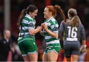 8 March 2025; Aoife Brophy, left, and Fiona Owens of Shamrock Rovers celebrate after the SSE Airtricity Women's Premier Division match between Shelbourne and Shamrock Rovers at Tolka Park in Dublin. Photo by Stephen McCarthy/Sportsfile