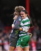 8 March 2025; Shamrock Rovers' Aoife Brophy and goalkeeper Katie Keane celebrate after the SSE Airtricity Women's Premier Division match between Shelbourne and Shamrock Rovers at Tolka Park in Dublin. Photo by Stephen McCarthy/Sportsfile