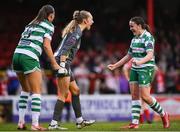 8 March 2025; Shamrock Rovers' Aoife Brophy, right, goalkeeper Katie Keane and Maria Reynolds, left, celebrate after the SSE Airtricity Women's Premier Division match between Shelbourne and Shamrock Rovers at Tolka Park in Dublin. Photo by Stephen McCarthy/Sportsfile